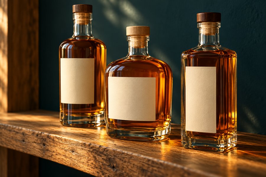 Illustration: Whiskyflaschen auf einem Holzregal