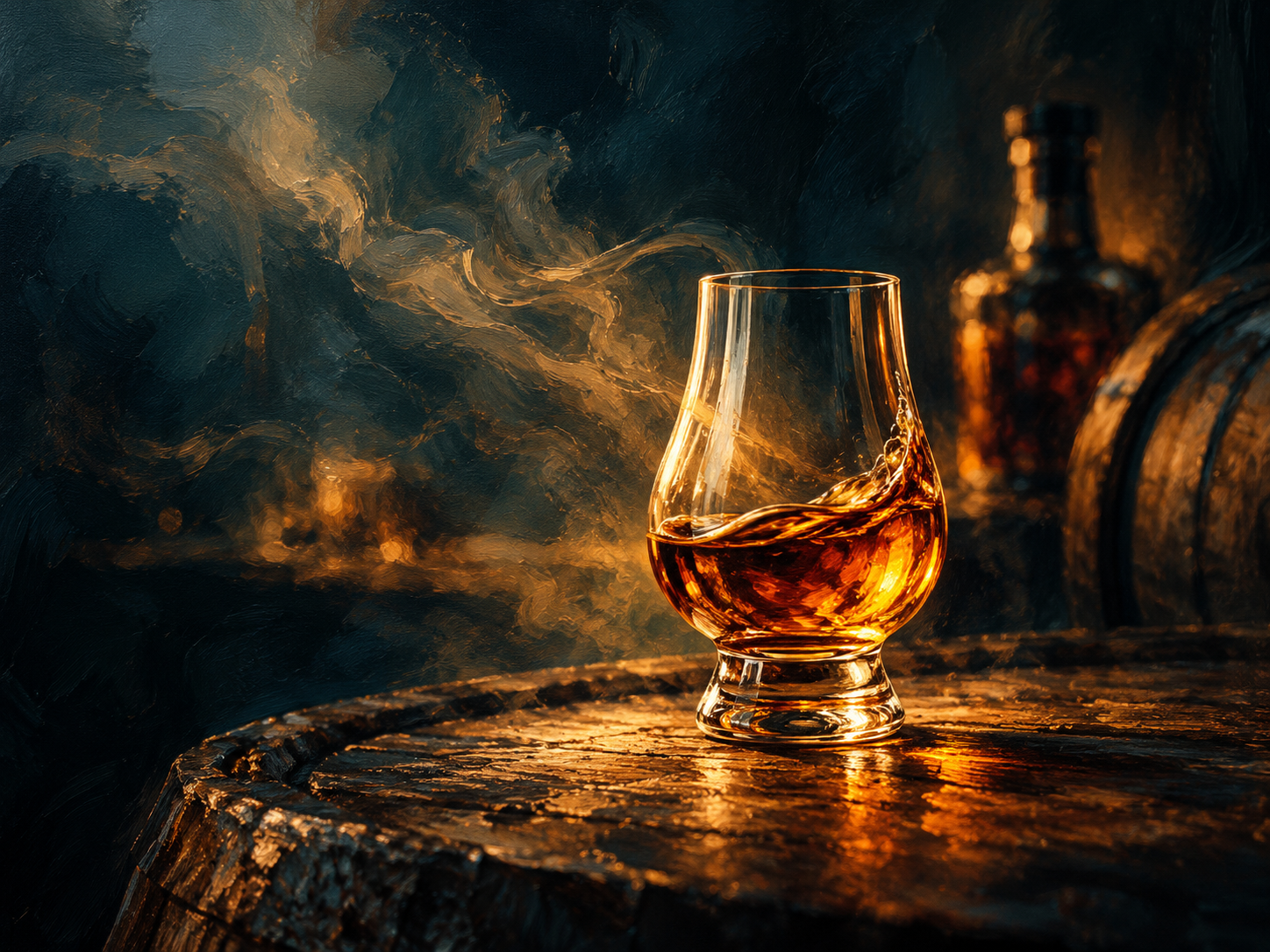 Ölgemälde mit einem Whiskyglas auf einem Holzfass